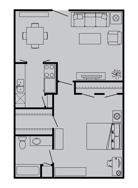 Floor plan for 1 bed, 1 bath, 752 sqft